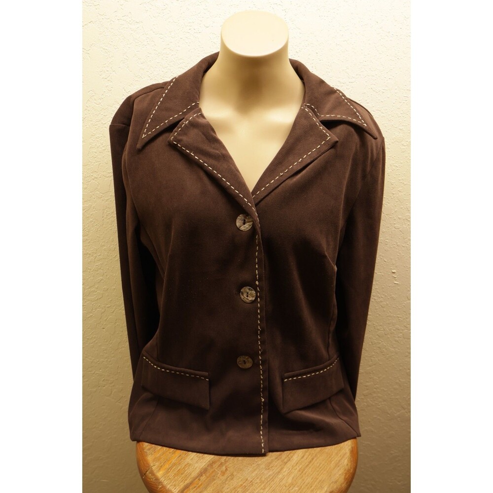 Connected Apparel Blazer 12 Brown Faux Suede Contrast Stitch Button Up Jacket